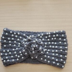 Gray Pearl-Embellished Knit Headband